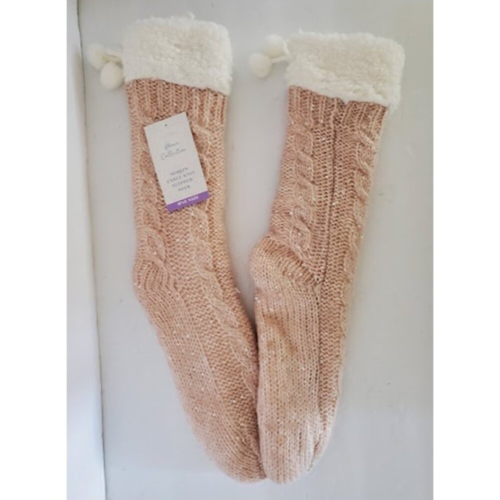 NWT Home Collection Pink Sequin Cable Knit Slipper Socks w Plush Sherpa Lining